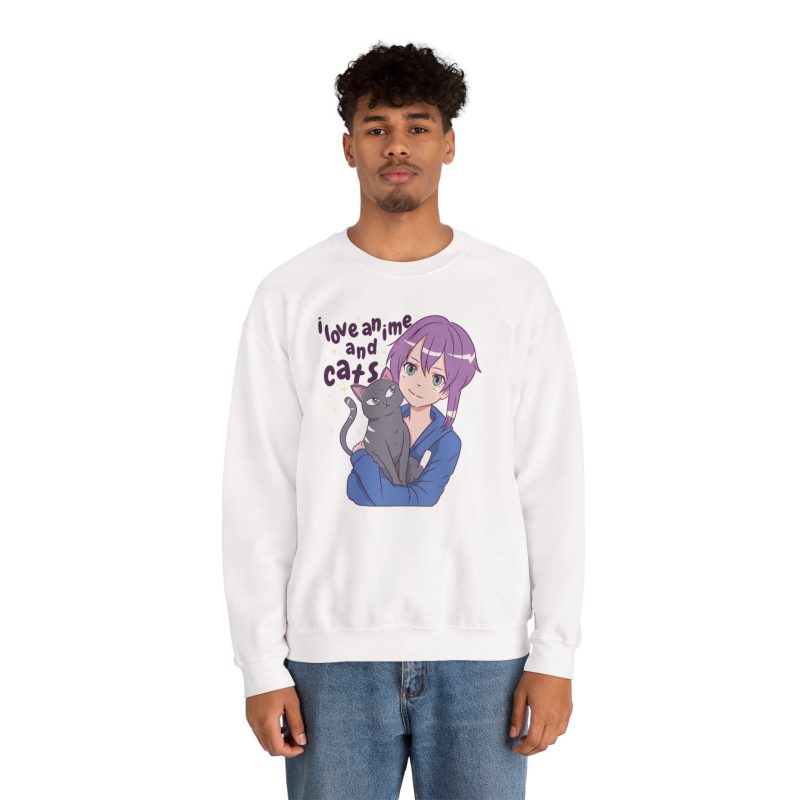 Person wearing a crewneck sweatshirt with a lilac-haired anime girl hugging a green-eyed gray cat printed on the front