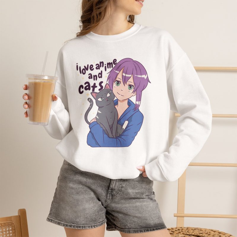 Person wearing a crewneck sweatshirt with a lilac-haired anime girl hugging a green-eyed gray cat printed on the front