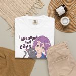 Lilac-haired anime girl hugging a green-eyed gray cat and bold lettering in the front print