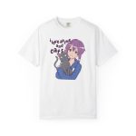 Front of the tee showing a lilac-haired anime girl hugging a green-eyed gray cat