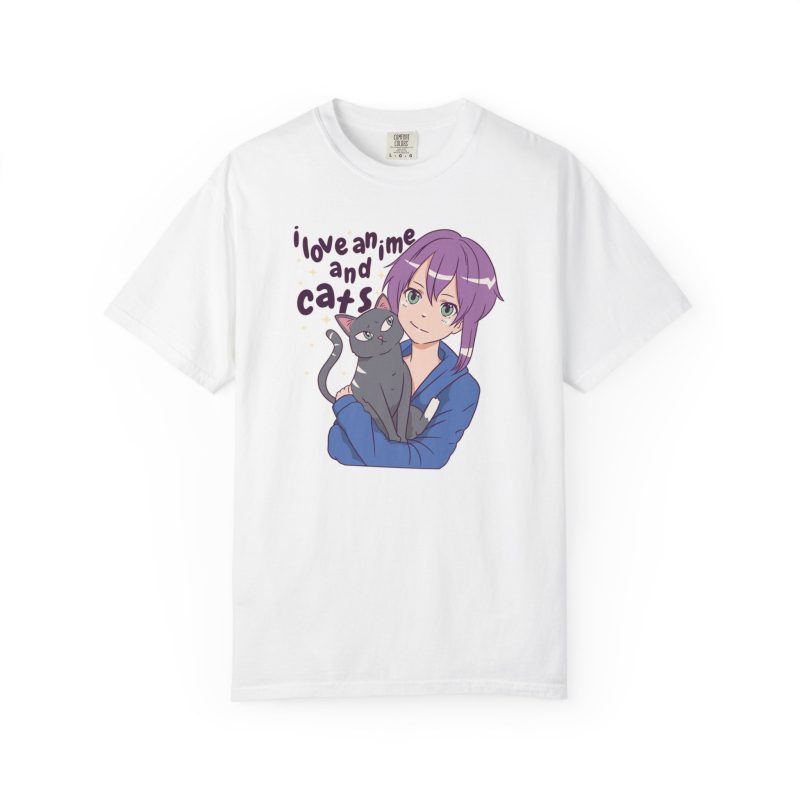 Front of the tee showing a lilac-haired anime girl hugging a green-eyed gray cat