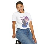 Person wearing a tee with a lilac-haired anime girl hugging a green-eyed gray cat printed on the front