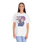 Person wearing a tee with a lilac-haired anime girl hugging a green-eyed gray cat printed on the front