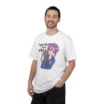 Person wearing a tee with a lilac-haired anime girl hugging a green-eyed gray cat printed on the front