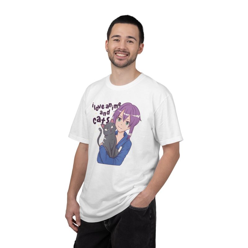 Person wearing a tee with a lilac-haired anime girl hugging a green-eyed gray cat printed on the front