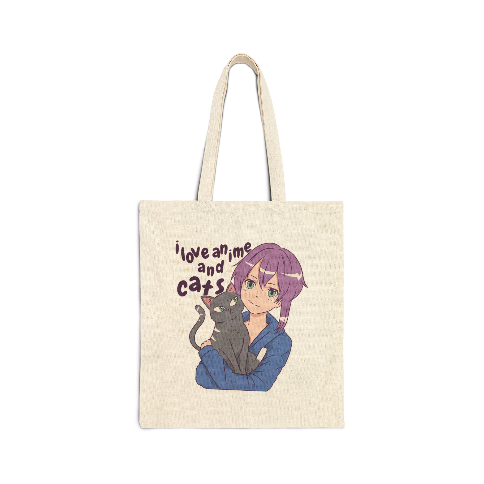 Front of the natural canvas tote showing a lilac-haired anime girl hugging a green-eyed gray cat