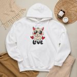 Cream cat, glossy black eyes, red hearts and bold black LOVE lettering in the front print