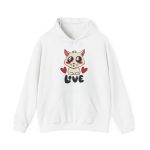 Front of the hoodie showing a cream cat with glossy black eyes and red cheeks between two red hearts above black lettering