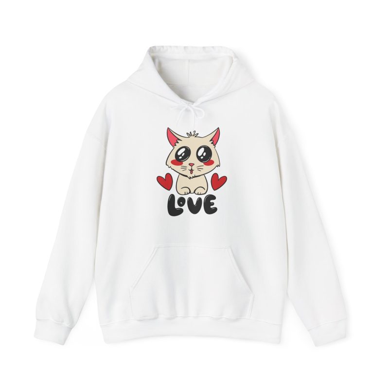 Front of the hoodie showing a cream cat with glossy black eyes and red cheeks between two red hearts above black lettering