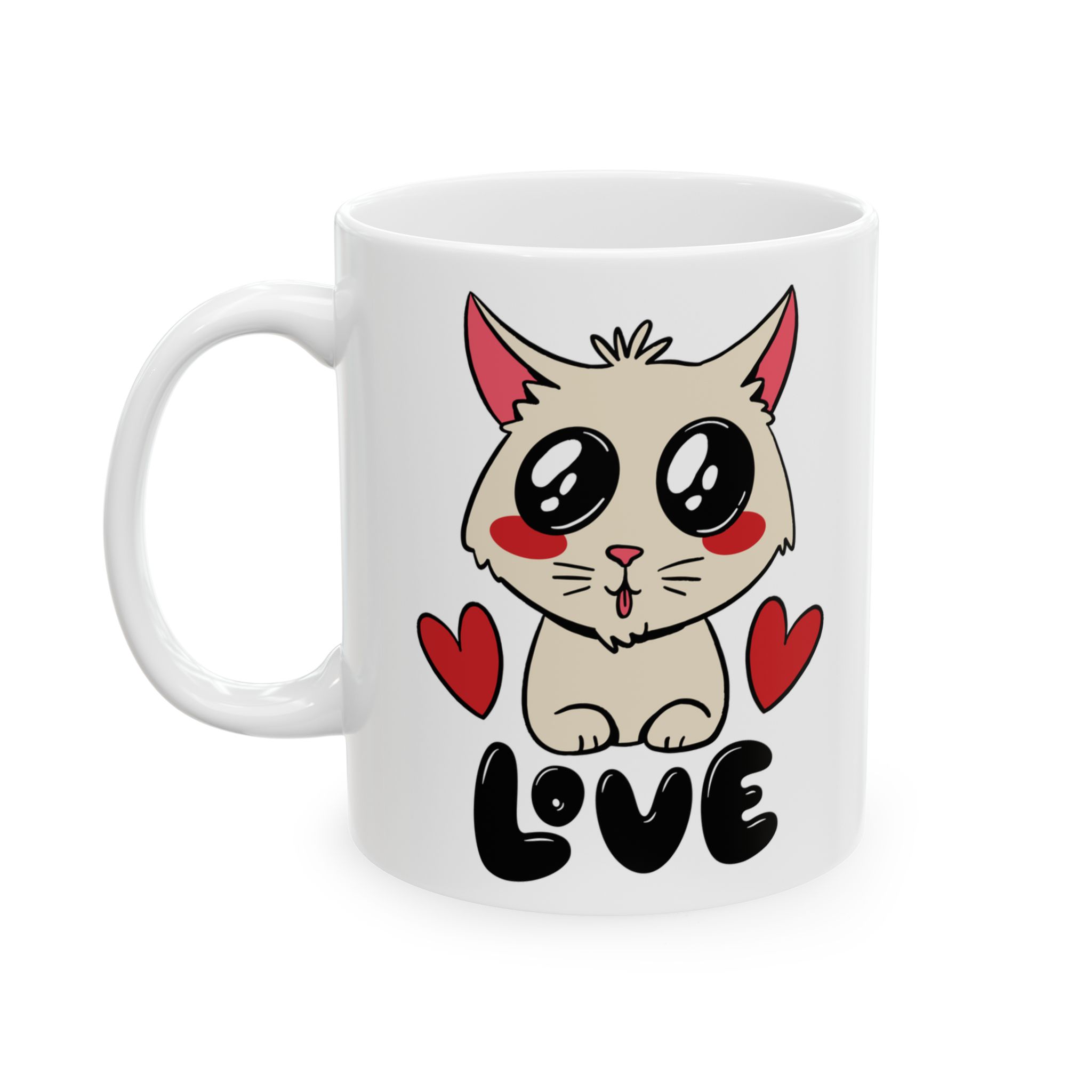 White ceramic mug showing a cream cat with glossy black eyes and red cheeks between two red hearts above black lettering