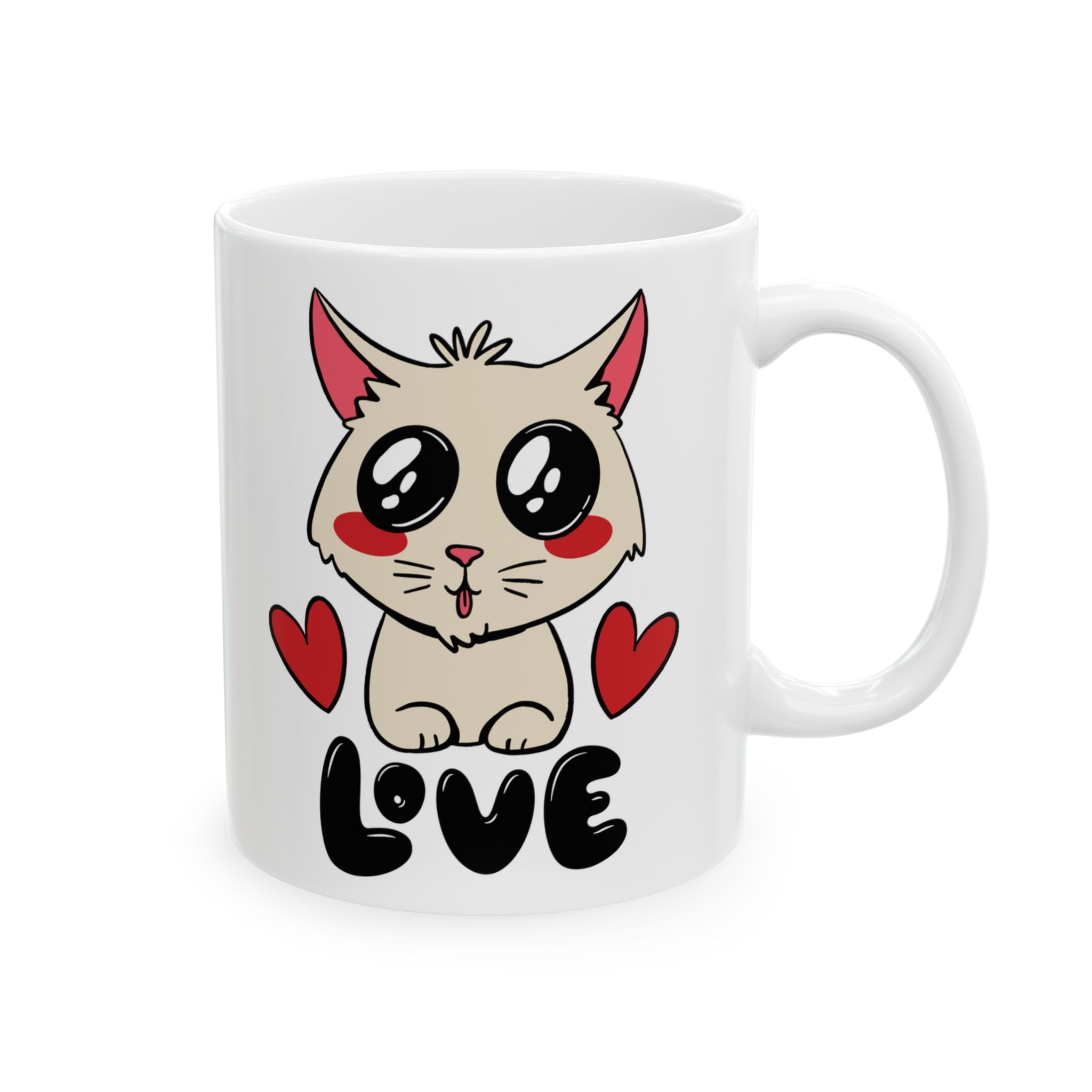 Opposite side of the white ceramic mug with the matching cream cat and red hearts graphic