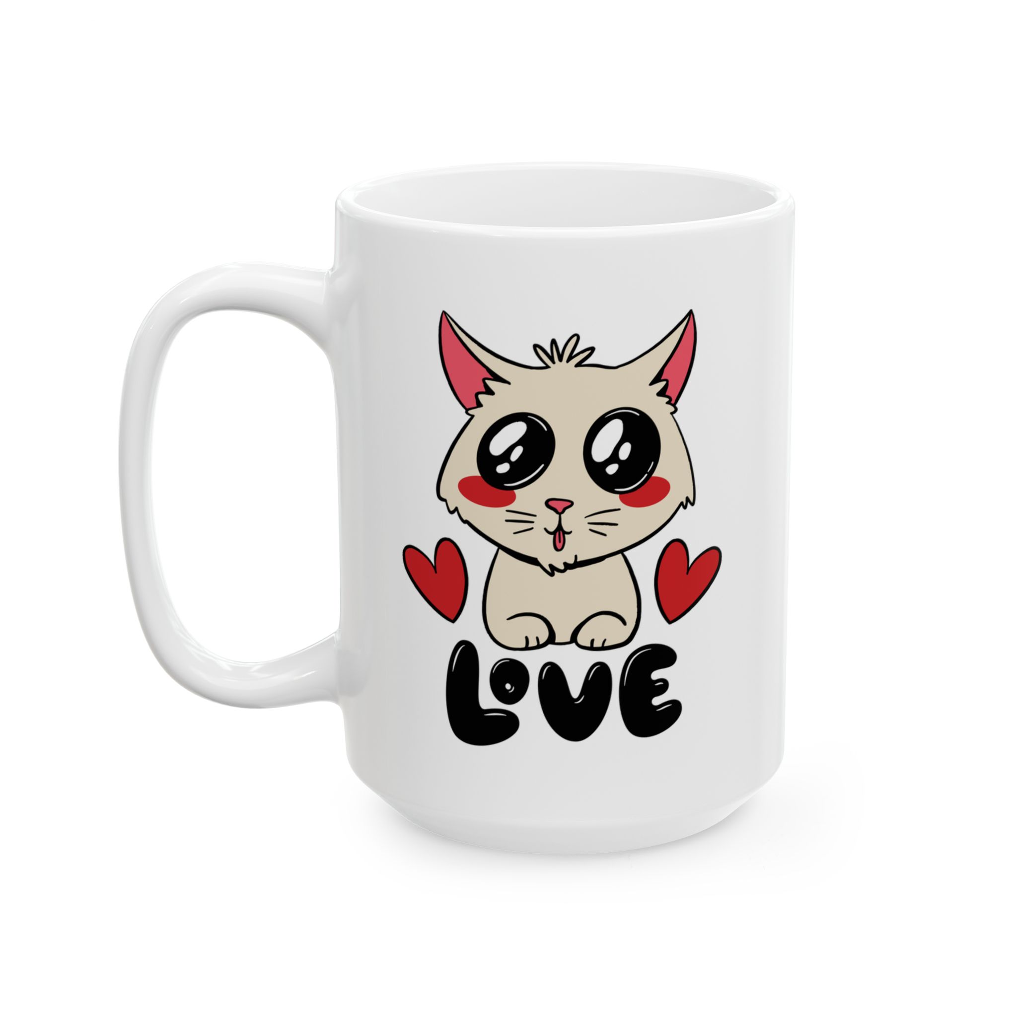 White ceramic mug showing a cream cat with glossy black eyes and red cheeks between two red hearts above black lettering
