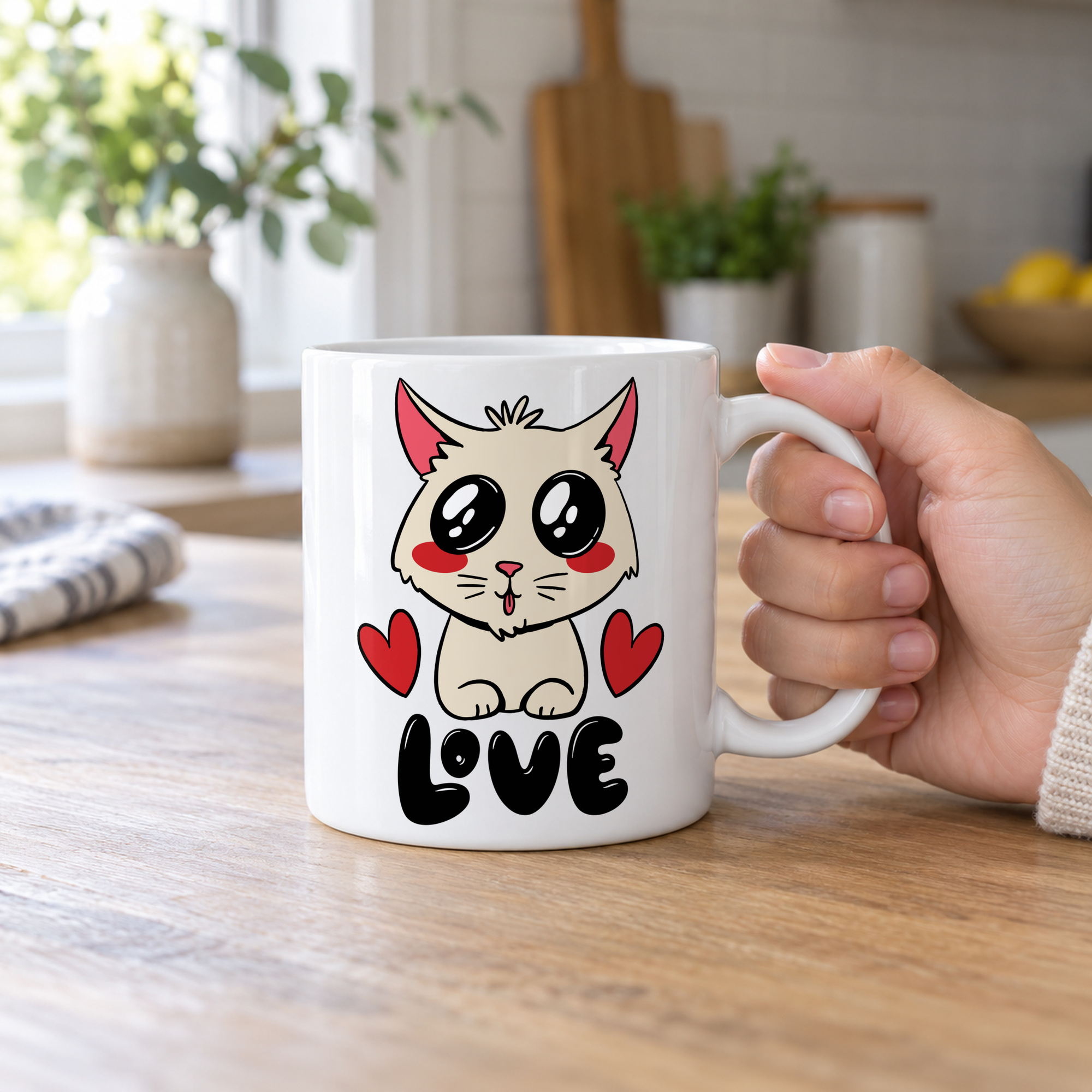 Person holding a white ceramic mug with a cream cat with glossy black eyes and red cheeks between two red hearts above black lettering