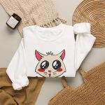 Cream cat, glossy black eyes, red hearts and bold black LOVE lettering in the front print Cream cat, glossy black eyes, red hearts and bold black LOVE lettering in the front print