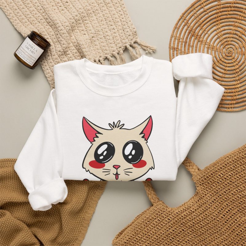 Cream cat, glossy black eyes, red hearts and bold black LOVE lettering in the front print