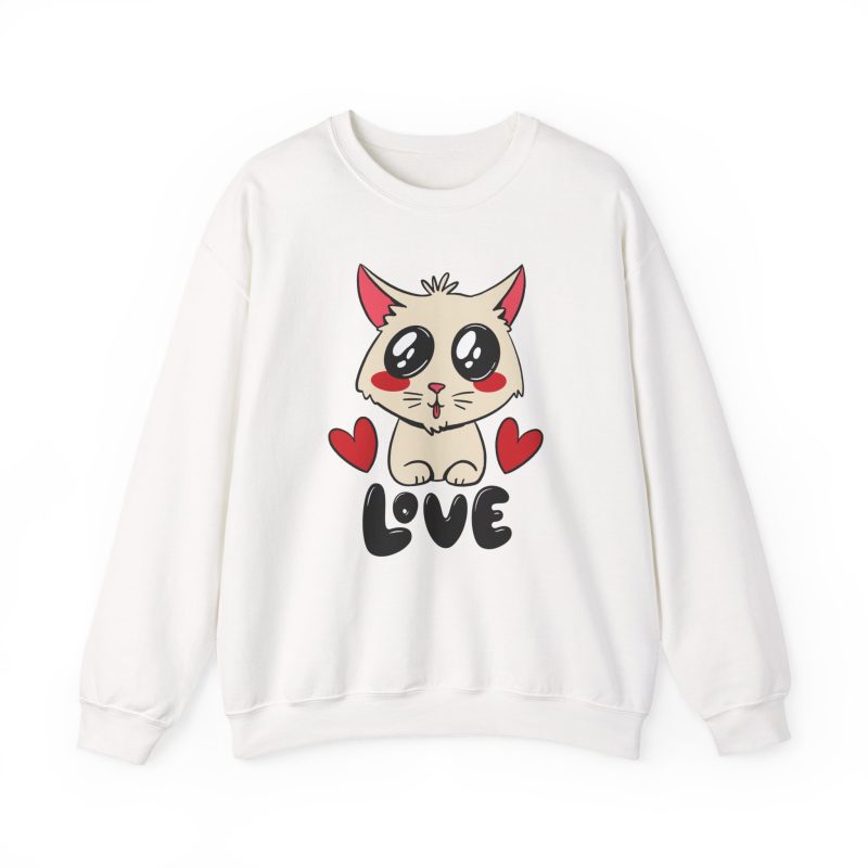 Front of the crewneck sweatshirt showing a cream cat with glossy black eyes and red cheeks between two red hearts above black lettering