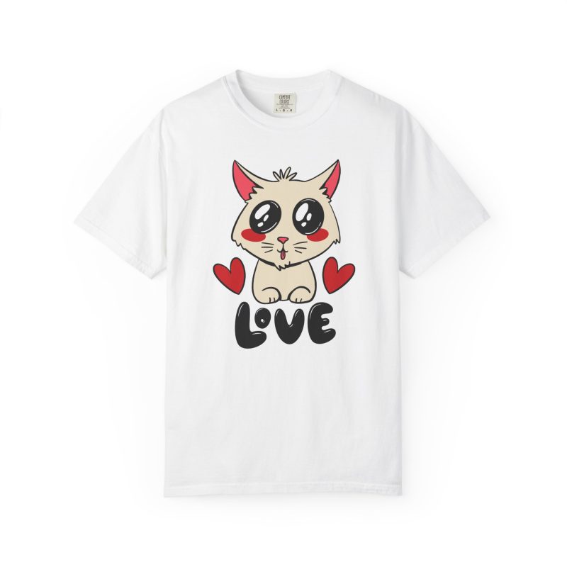 Front of the tee showing a cream cat with glossy black eyes and red cheeks between two red hearts above black lettering