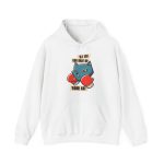 Front of the hoodie showing a blue boxer cat with red gloves and a determined expression Front of the hoodie showing a blue boxer cat with red gloves and a determined expression
