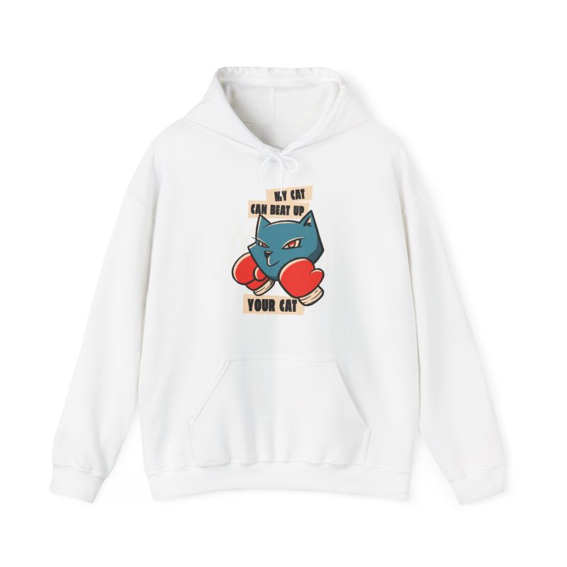 Front of the hoodie showing a blue boxer cat with red gloves and a determined expression