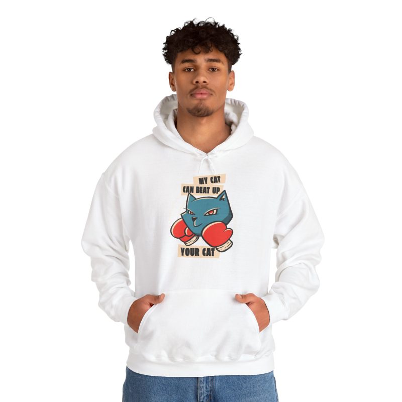 Person wearing a hoodie with a blue boxer cat with red gloves and a determined expression printed on the front