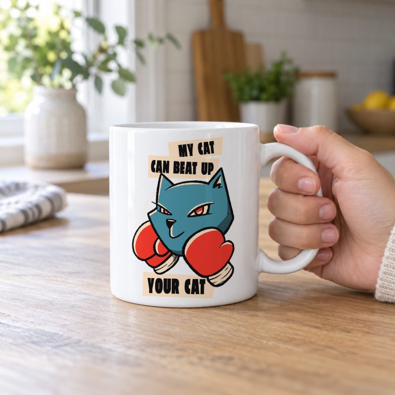 Person holding a white ceramic mug showing a blue boxer cat with red gloves and a determined expression