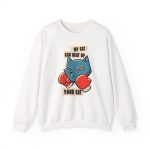 Front of the crewneck sweatshirt showing a blue boxer cat with red gloves and a determined expression