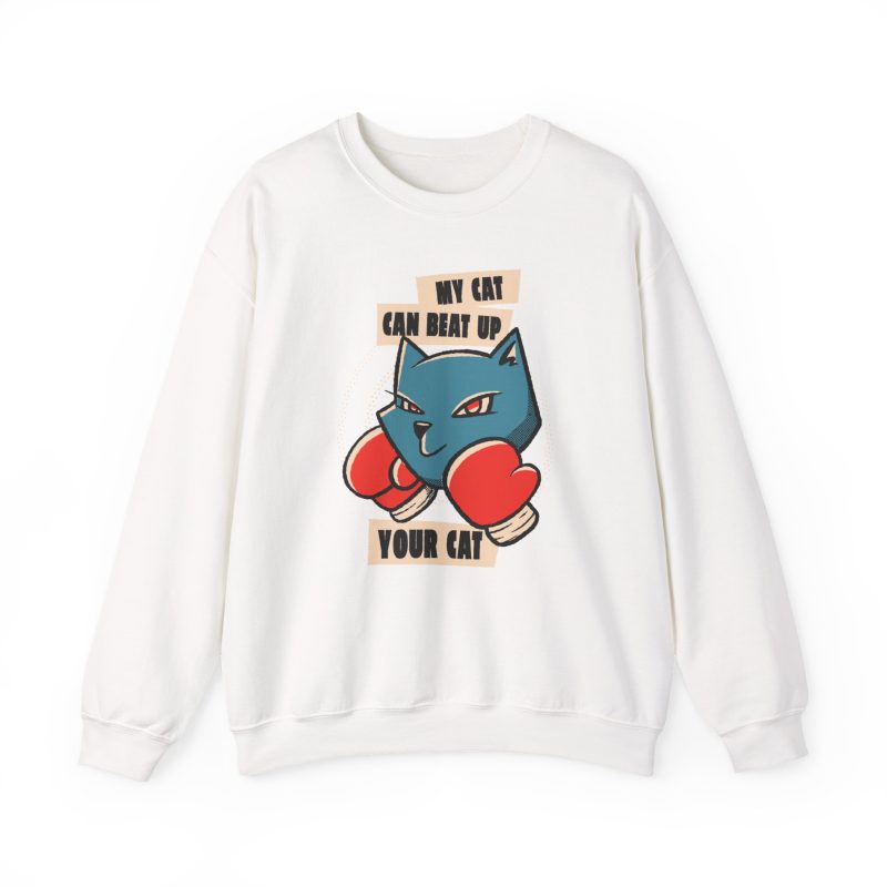Front of the crewneck sweatshirt showing a blue boxer cat with red gloves and a determined expression