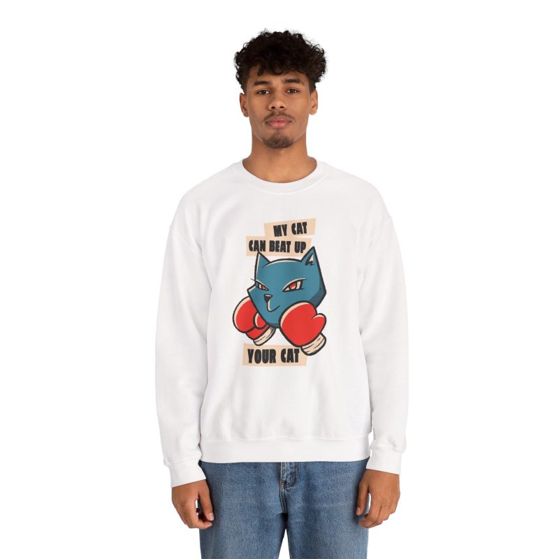 Person wearing a crewneck sweatshirt with a blue boxer cat with red gloves and a determined expression printed on the front