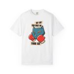 Front of the tee showing a blue boxer cat with red gloves and a determined expression Front of the tee showing a blue boxer cat with red gloves and a determined expression