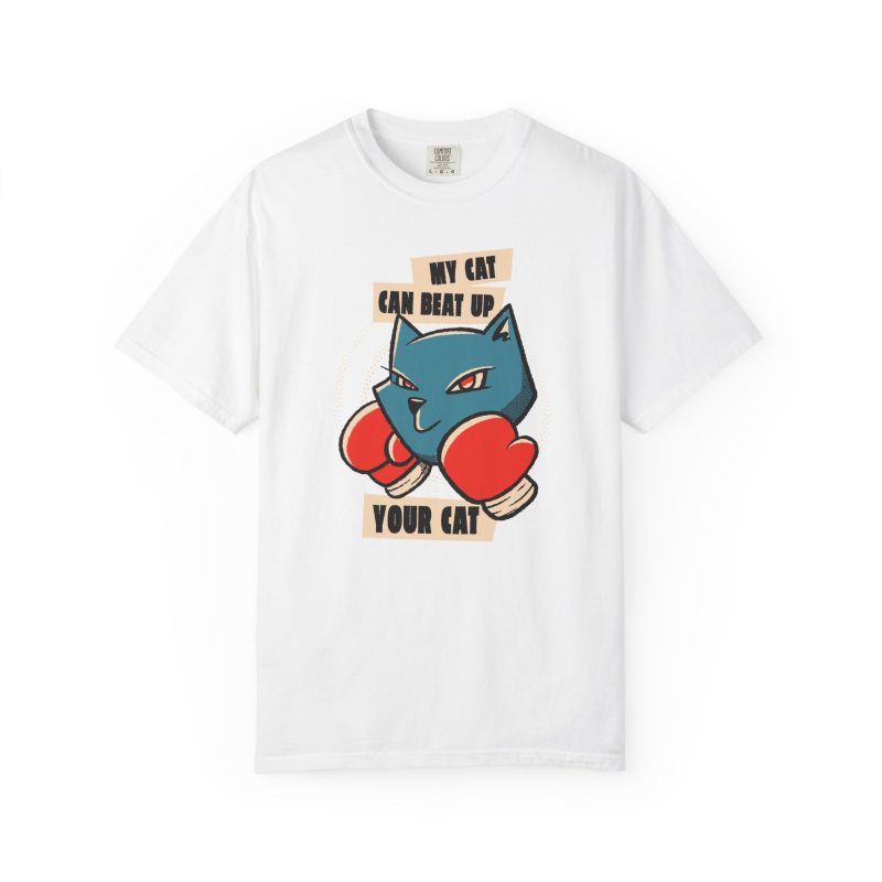 Front of the tee showing a blue boxer cat with red gloves and a determined expression