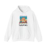 Front of the hoodie showing a ginger baker cat with a pink whisk, cupcakes and turquoise retro stripes