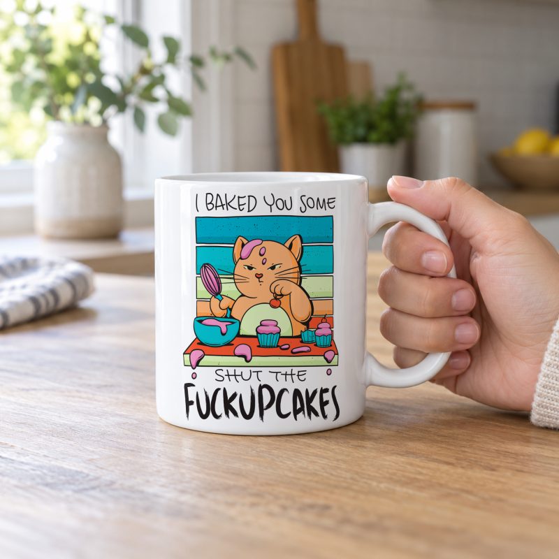 Person holding a glossy white ceramic mug showing a ginger baker cat with a pink whisk, cupcakes and turquoise retro stripes