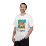 Person wearing a tee with a ginger baker cat with a pink whisk, cupcakes and turquoise retro stripes printed on the front Person wearing a tee with a ginger baker cat with a pink whisk, cupcakes and turquoise retro stripes printed on the front