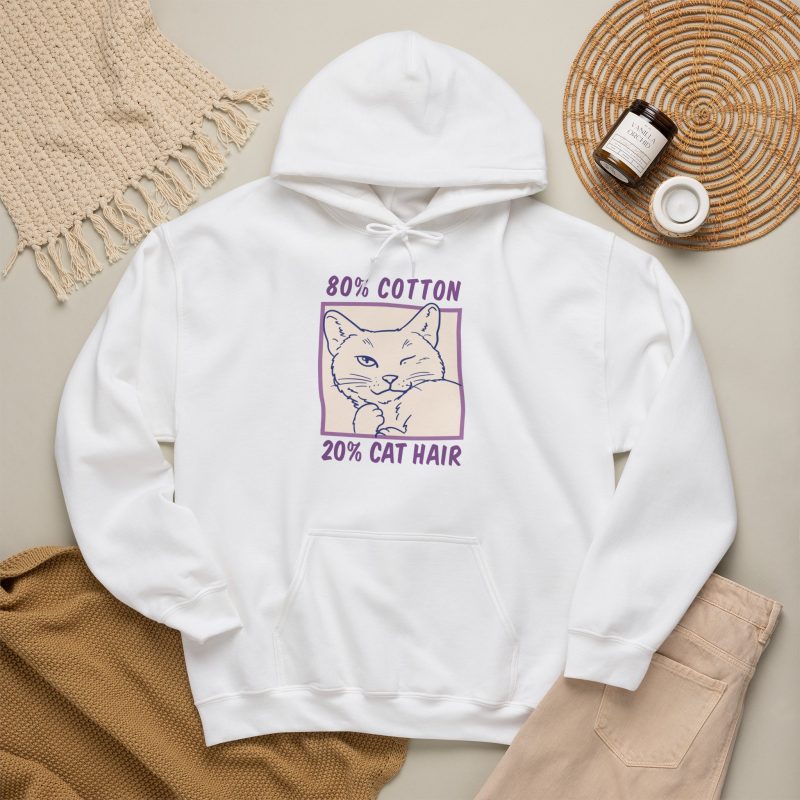 A winking white cat drawn in blue inside a cream square with purple lettering in the front print