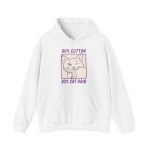 Front of the hoodie showing a winking white cat drawn in blue inside a cream square with purple lettering