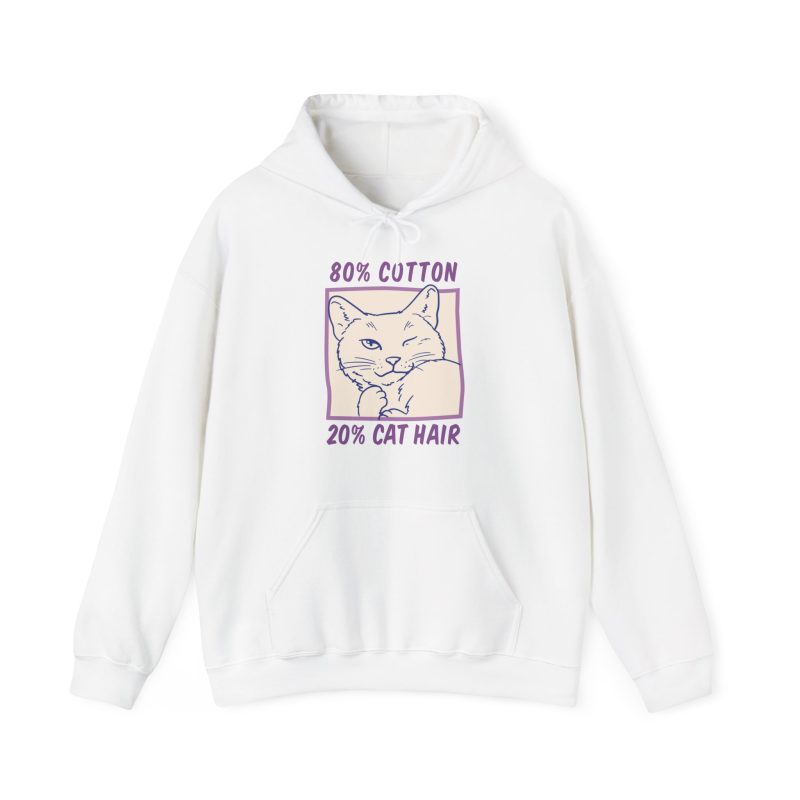 Front of the hoodie showing a winking white cat drawn in blue inside a cream square with purple lettering