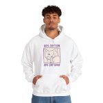 Person wearing a hoodie with a winking white cat drawn in blue inside a cream square with purple lettering printed on the front