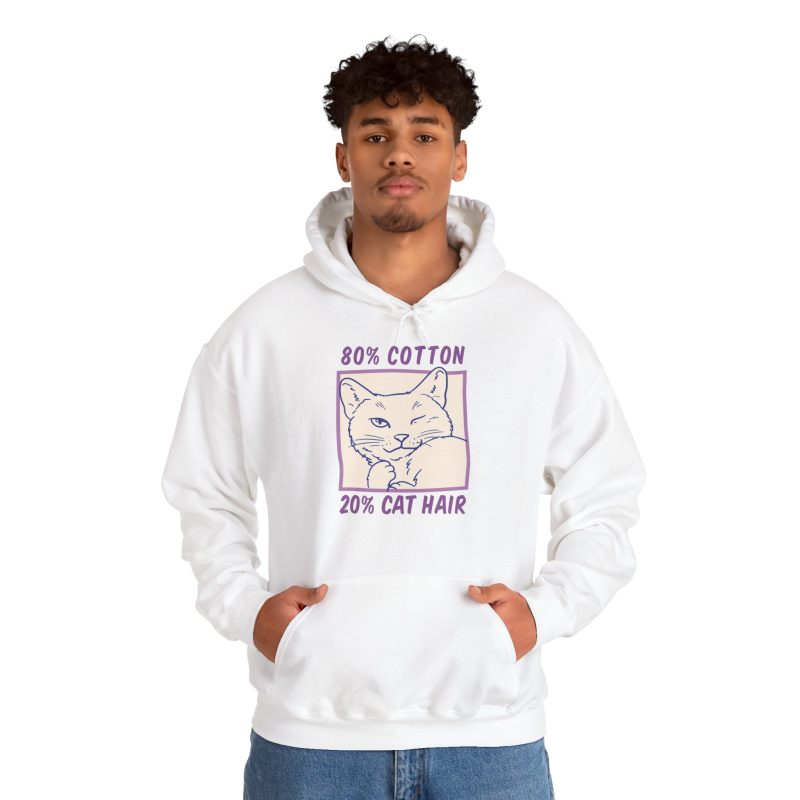 Person wearing a hoodie with a winking white cat drawn in blue inside a cream square with purple lettering printed on the front