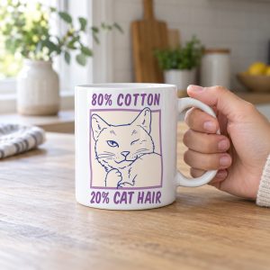Person holding a glossy white ceramic mug showing a winking white cat drawn in blue inside a cream square with purple lettering
