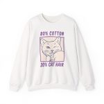 Front of the crewneck sweatshirt showing a winking white cat drawn in blue inside a cream square with purple lettering Front of the crewneck sweatshirt showing a winking white cat drawn in blue inside a cream square with purple lettering