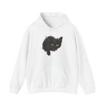 Front of the hoodie showing an illustrated black cat with yellow-green eyes and a paw reaching through a gray torn-hole effect