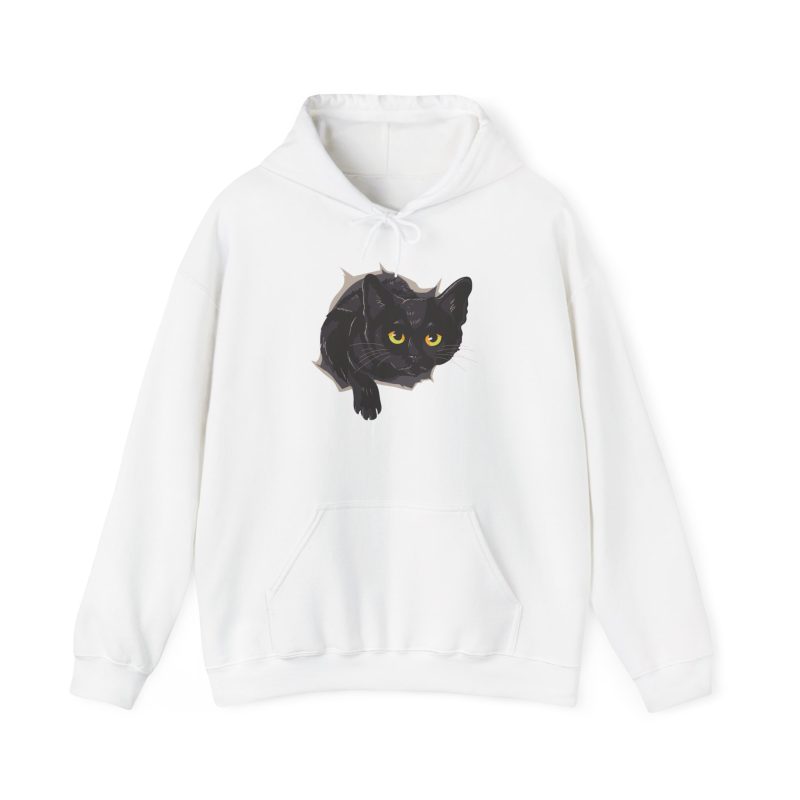 Front of the hoodie showing an illustrated black cat with yellow-green eyes and a paw reaching through a gray torn-hole effect