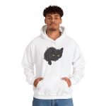 Person wearing a hoodie with an illustrated black cat with yellow-green eyes and a paw reaching through a gray torn-hole effect printed on the front