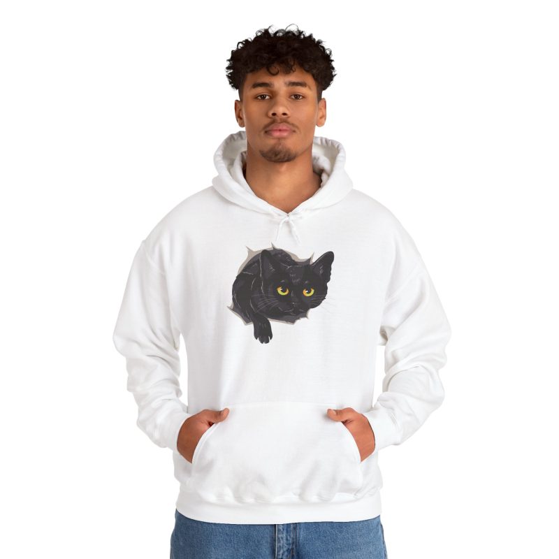 Person wearing a hoodie with an illustrated black cat with yellow-green eyes and a paw reaching through a gray torn-hole effect printed on the front