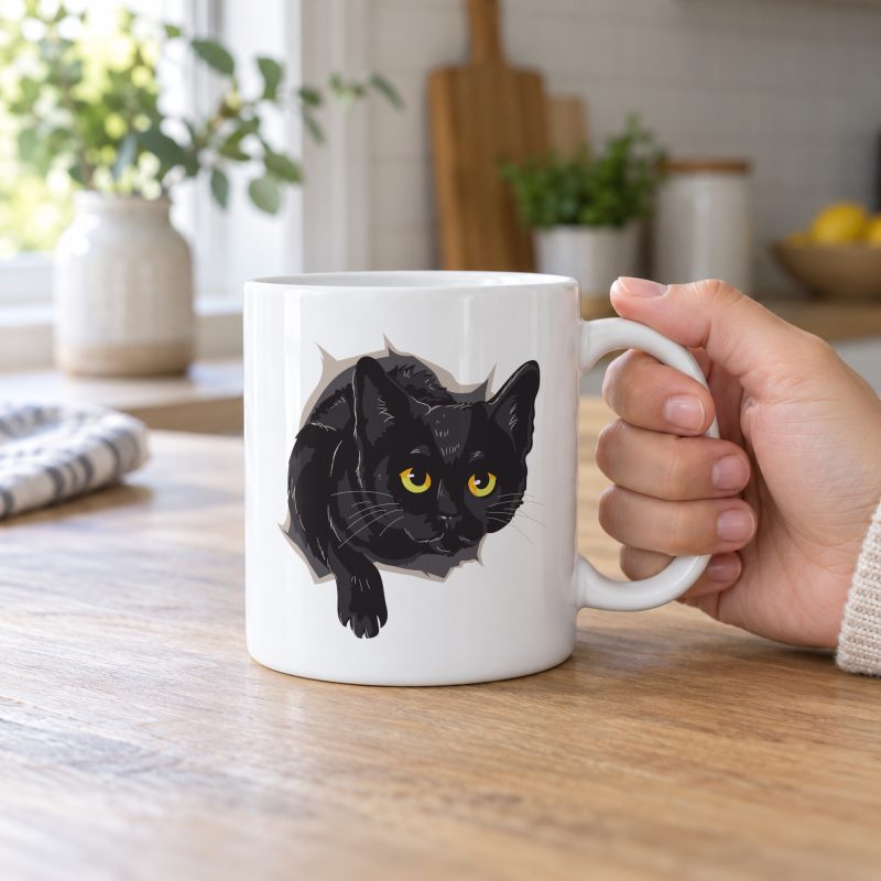 Person holding a glossy white ceramic mug showing an illustrated black cat with yellow-green eyes and a paw reaching through a gray torn-hole effect