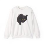 Front of the crewneck sweatshirt showing an illustrated black cat with yellow-green eyes and a paw reaching through a gray torn-hole effect