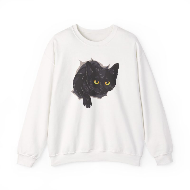 Front of the crewneck sweatshirt showing an illustrated black cat with yellow-green eyes and a paw reaching through a gray torn-hole effect