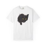 Front of the tee showing an illustrated black cat with yellow-green eyes and a paw reaching through a gray torn-hole effect