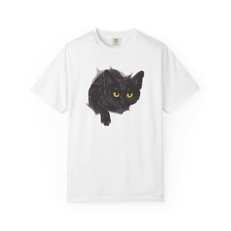 Front of the tee showing an illustrated black cat with yellow-green eyes and a paw reaching through a gray torn-hole effect