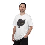 Person wearing a tee with an illustrated black cat with yellow-green eyes and a paw reaching through a gray torn-hole effect printed on the front